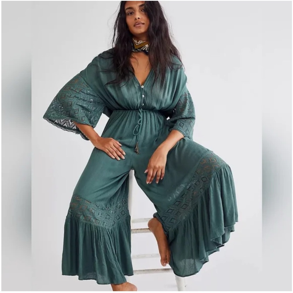 Angela Jumpsuit Dried Pine Crochet Jumper S Evergreen Firest Green Flowy - Picture 13 of 15